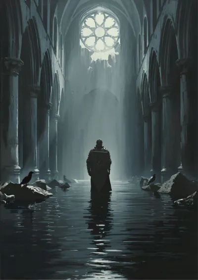 Dark fantasy illustration of an armoured figure standing in a flooded cathedral nave lit through a rose window