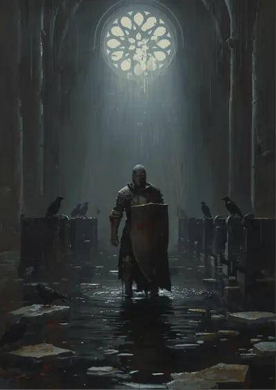 Dark fantasy illustration of an armoured figure standing in a flooded cathedral nave lit through a rose window