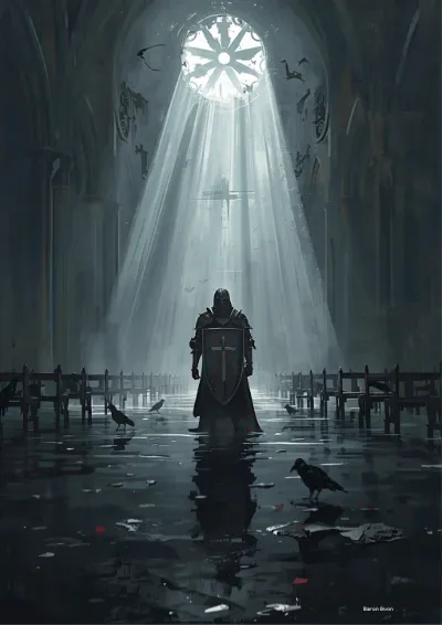 Dark fantasy illustration of an armoured figure standing in a flooded cathedral nave lit through a rose window