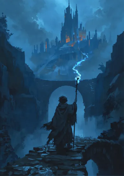 Fantasy illustration of a mage on a stone bridge raising a staff as blue light spirals towards a ruined citadel