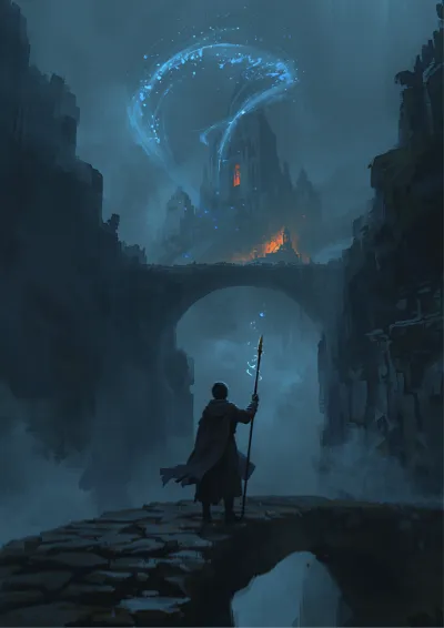 Fantasy illustration of a mage on a stone bridge raising a staff as blue light spirals towards a ruined citadel