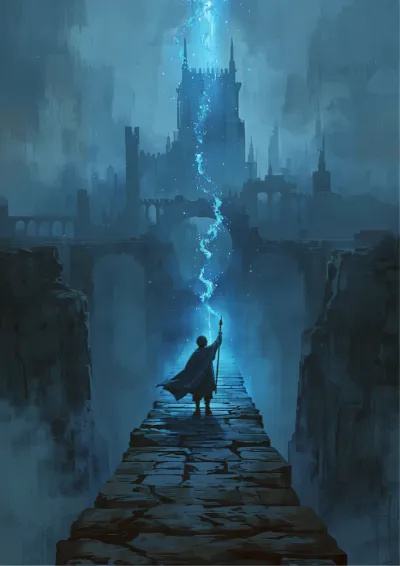 Fantasy illustration of a mage on a stone bridge raising a staff as blue light spirals towards a ruined citadel