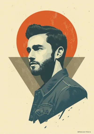 Graphic screen-print style portrait of a young man in a denim jacket against bold geometric shapes