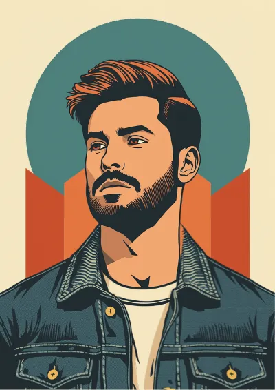 Graphic screen-print style portrait of a young man in a denim jacket against bold geometric shapes
