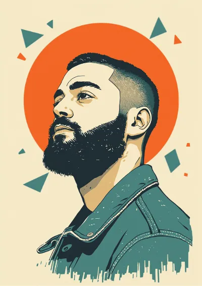 Graphic screen-print style portrait of a young man in a denim jacket against bold geometric shapes