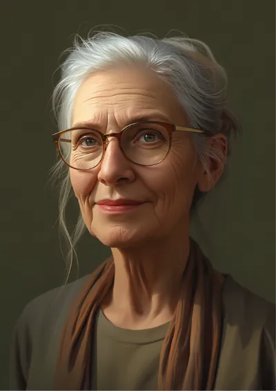 Painterly character portrait of an older woman with silver hair and reading glasses pushed onto her forehead