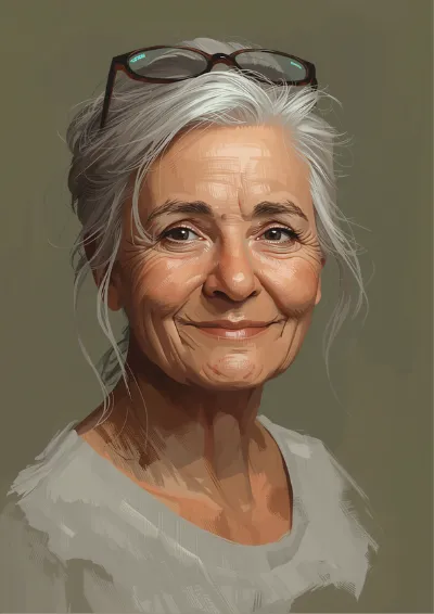 Painterly character portrait of an older woman with silver hair and reading glasses pushed onto her forehead