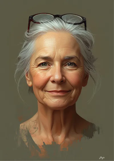 Painterly character portrait of an older woman with silver hair and reading glasses pushed onto her forehead