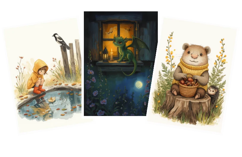 Three sample illustrations fanned out: a watercolour girl sailing a paper boat, a small dragon on a cottage windowsill at night, and a wombat in a knitted vest